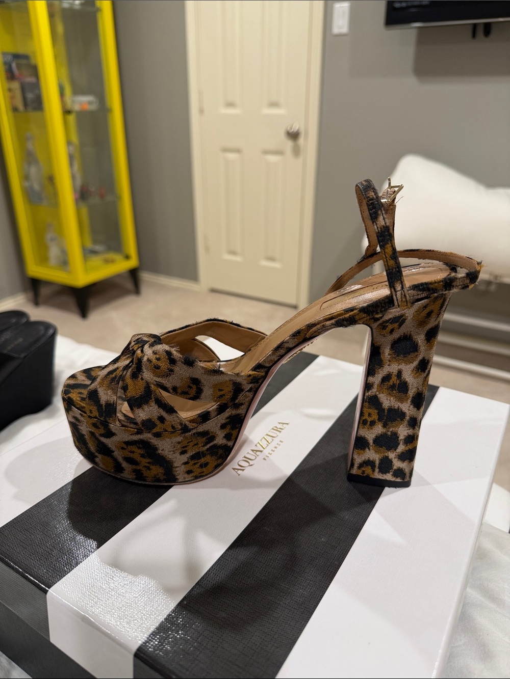 Aquazzura Leopard-Print Platform Sandals in Brown and Black silk